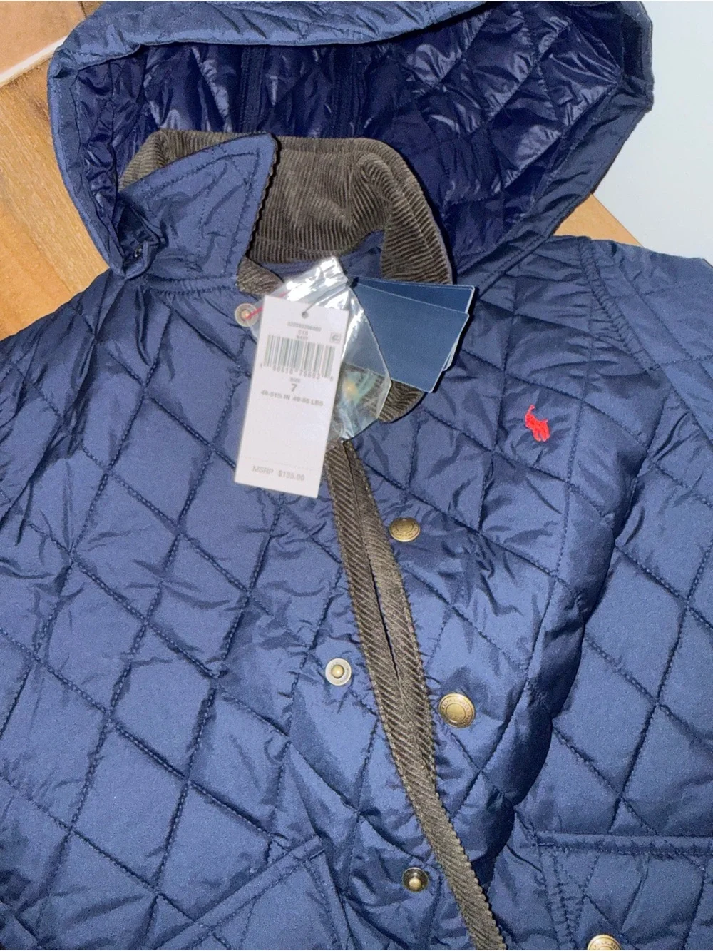 Ralph Lauren Navy Quilted Hooded Puffer with Red Polo Pony
